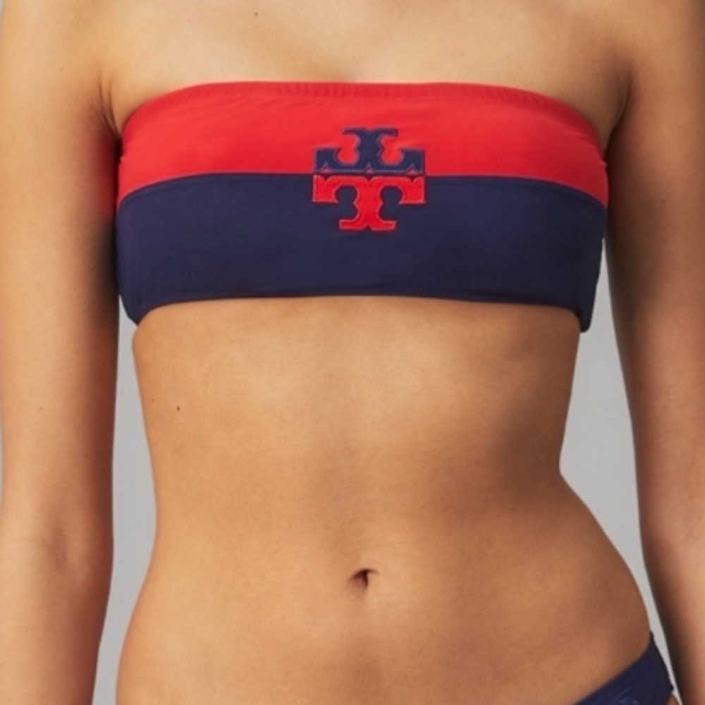 Tory Burch Red and Navy Bandeau Bikini Top with Logo